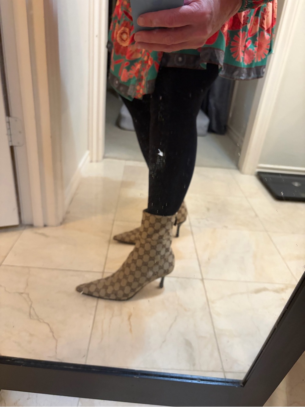 Gucci Beige Monogram Pointed Toe Ankle Boots